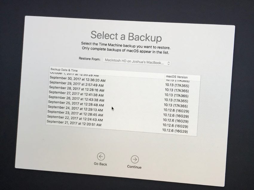 Pick the macOS Sierra backup to restore to. 
