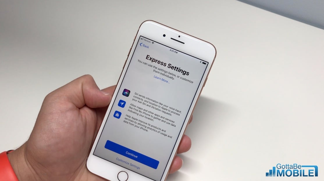 Choose Express Settings or manually choose iPhone 8 options.