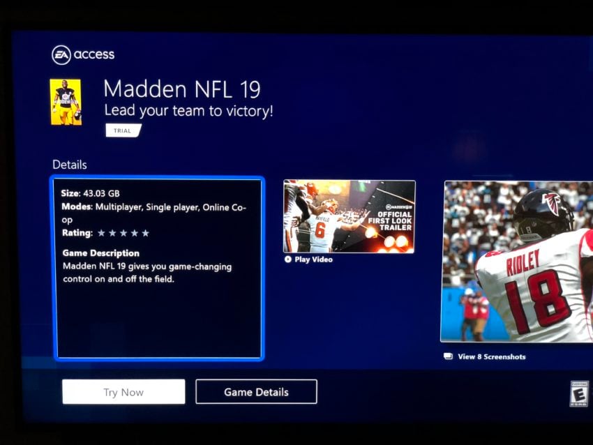 Download the Madden 19 trial from the EA Access app on Xbox One or Origin Access on PC. 