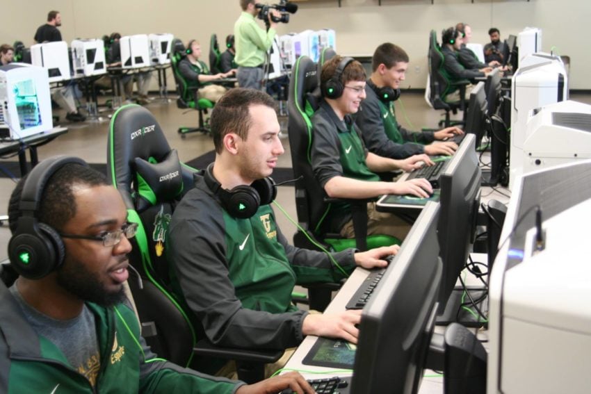 High school esports can lead to college esports scholarships. Here we see Tiffin University students in their new esports arena. Credit: Tiffin University