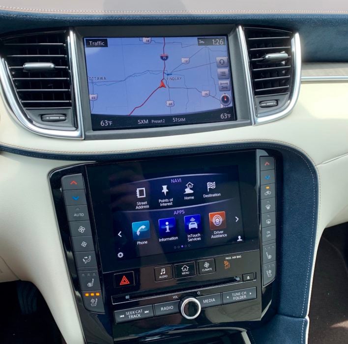 You get two screens, but neither supports Apple CarPlay or Android Auto. 