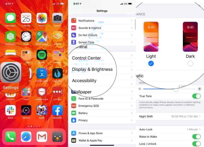 Open Settings, Display & Brightness and tap on Dark.