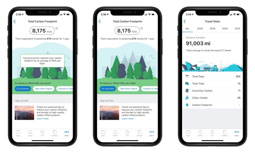 Tripit app carbon footprint section.