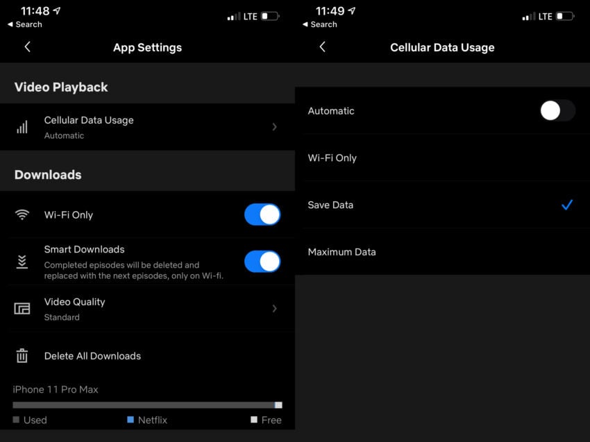 Netflix quality controls on phone.