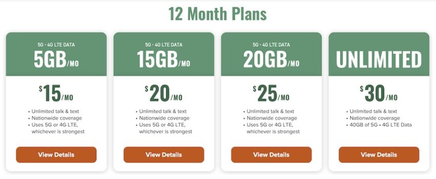 mint mobile's 12 month plans, from $15 per month to $30 per month