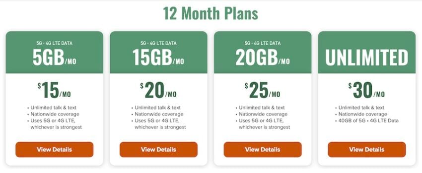 mint mobile's 12 month plans, from $15 per month to $30 per month