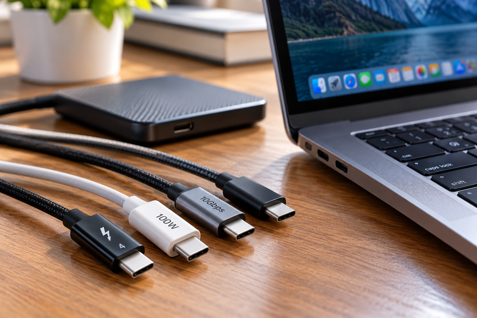 USB-C Tech Setup on Wooden Desk
