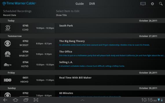 Time Warner Cable Android tablet DVR screencap