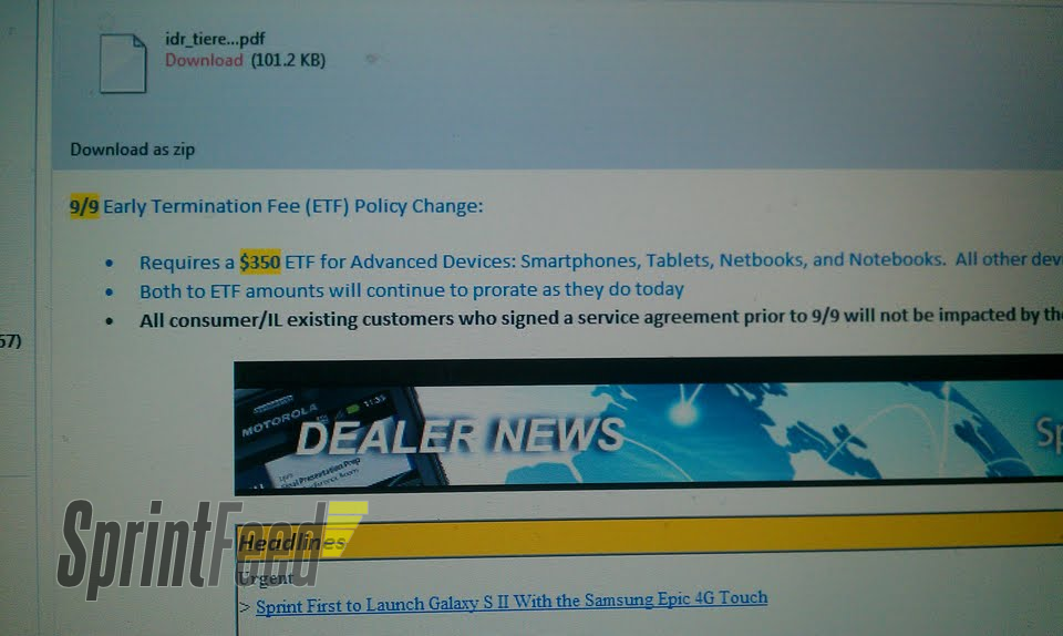 Screenshot of a document showing ETF change at Sprint