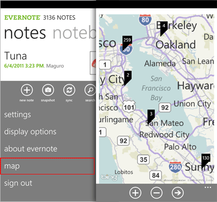 Evernote Windows PHone 7 App Maps