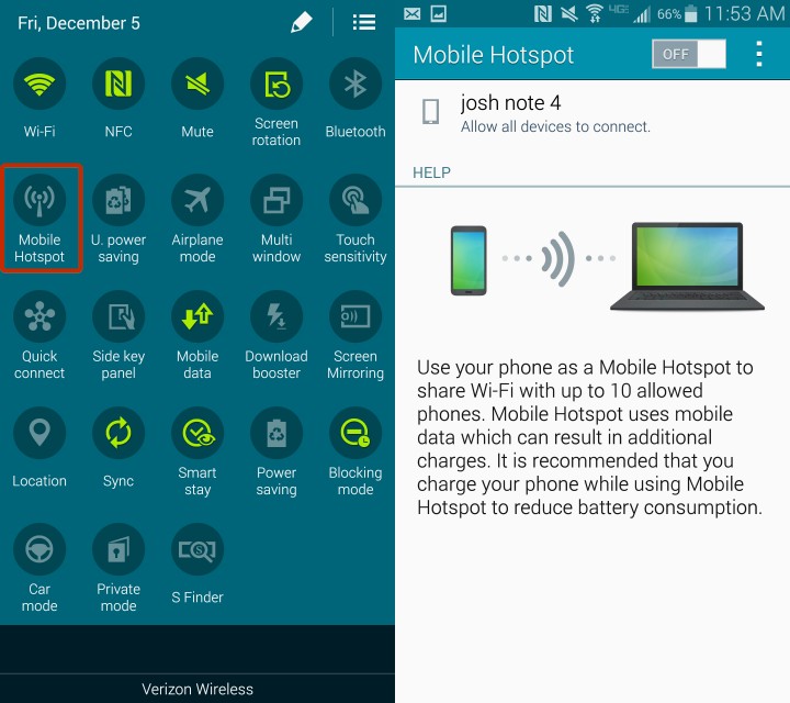 Turn your Note 4 into a personal hotspot. 