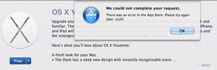 These temporary OS X Yosemite download errors should subside soon.