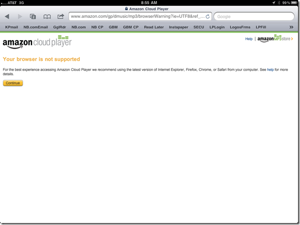 Amazon Cloud Player Error Page in Safari