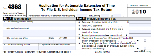 Tax extension IRS Form 4868
