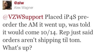 Verizon iPhone 4S preorder not shipping Verizon iPhone 4S preorder not shipping