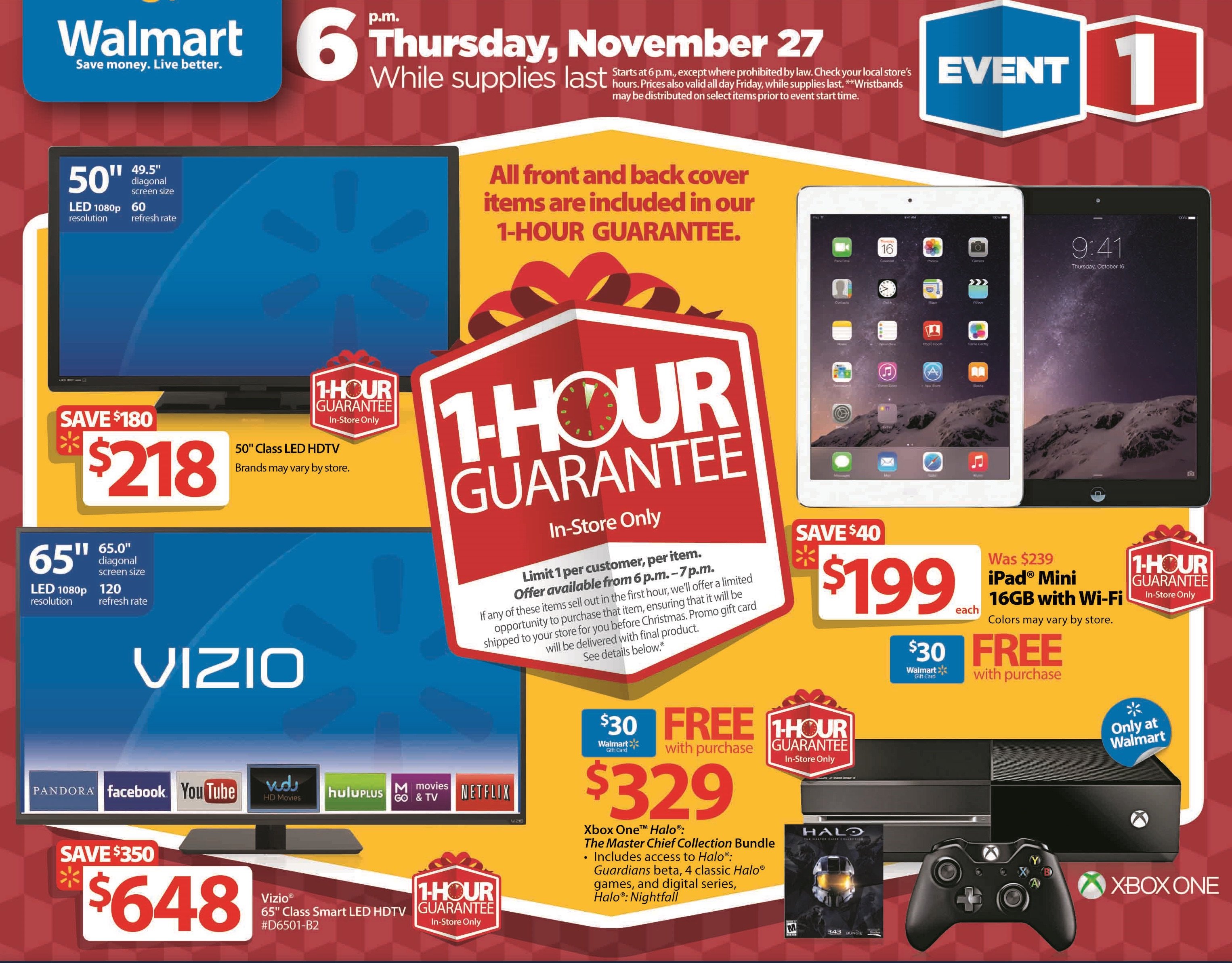The Walmart Black Friday 2014 ad reveals the new 1 Hour Guarantee items including an iPad mini and Xbox One with Halo: The Master Chief Collection.