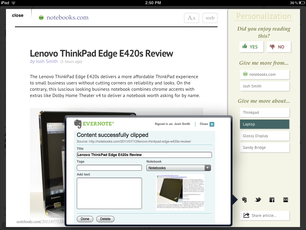 Zite Send to Evernote