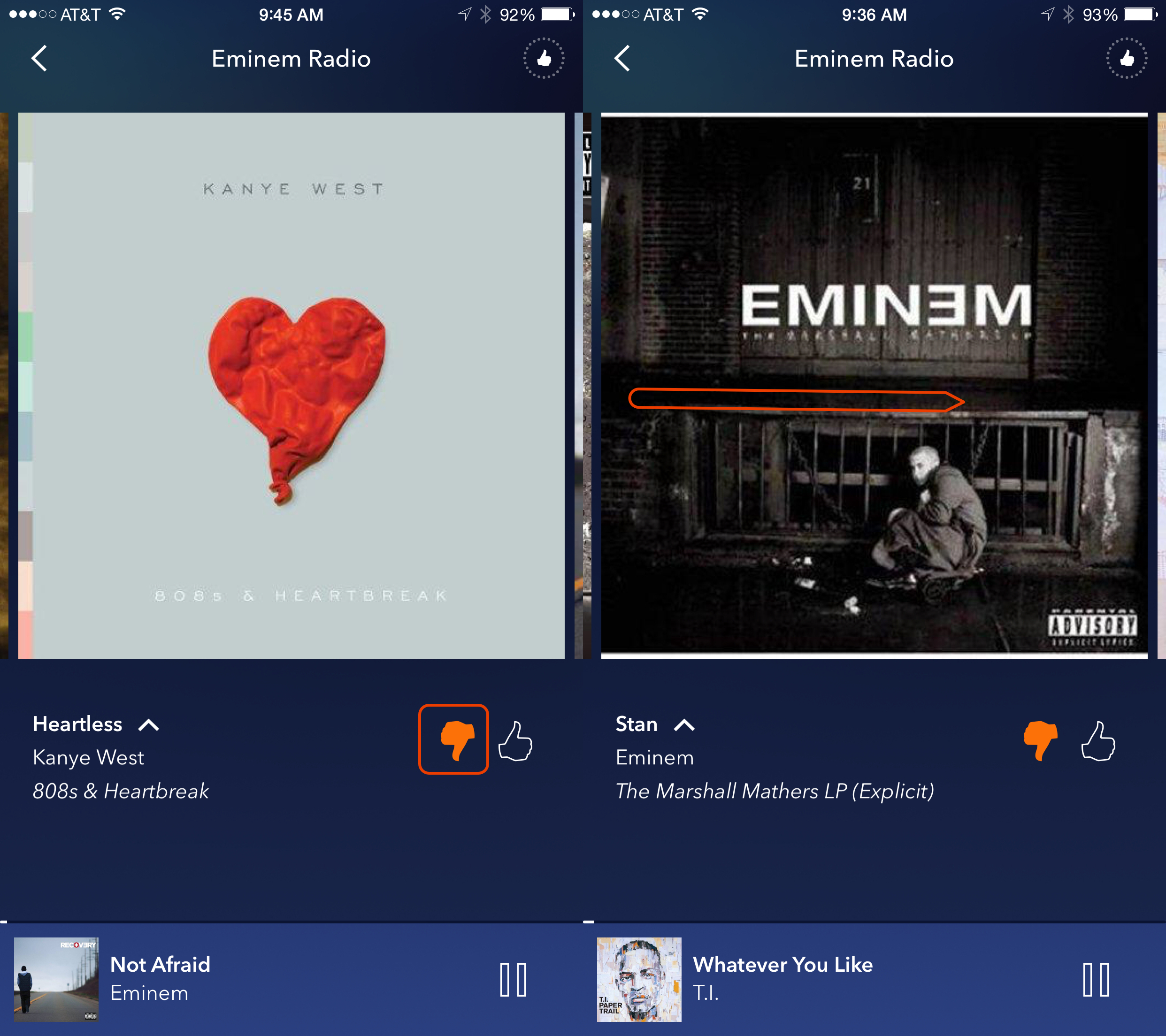 Swipe back to undo Pandora thumbs down accidents quickly.