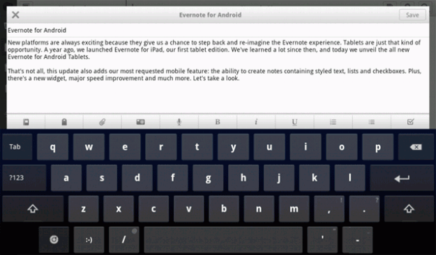evernote android tablet on screen keyboard toolbar