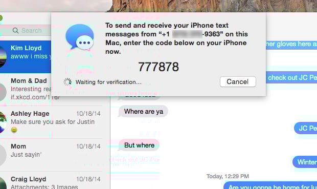 Enter the six digit code to link your Mac and your iPhone text messages.