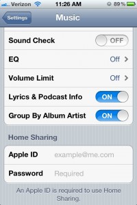 iPhone 4S Settings - Home Sharing