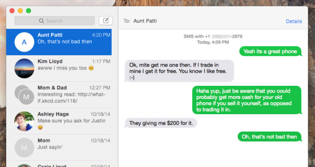 Send texts from your Mac through your iPhone 6 Plus. 