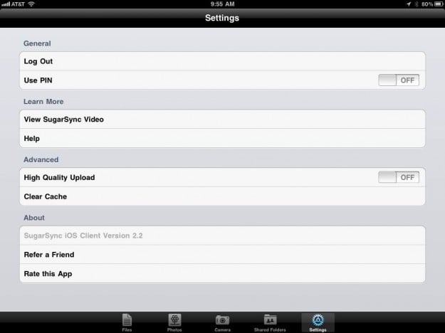 Sugar Sync iPad App Settings