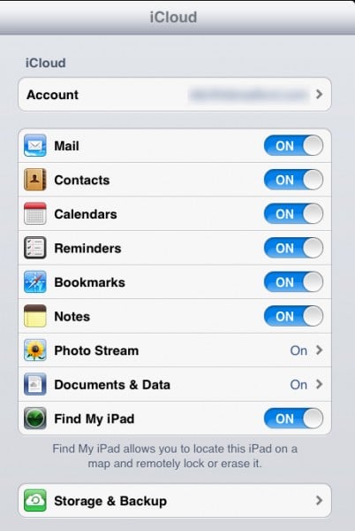 iCloud Settings on the iPad