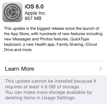 Upgrade to iOS 8.1 even when you see the not enough storage error.