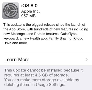 Upgrade to iOS 8.1 even when you see the not enough storage error.