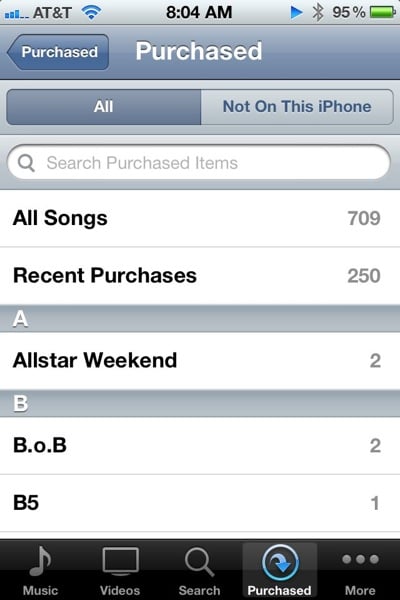 Purchased Songs on iOS iTunes