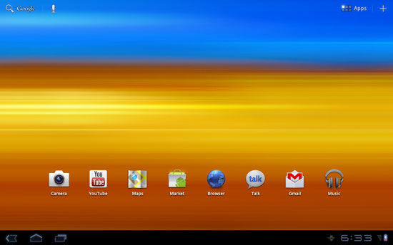 Samsung Galaxy Tab 10.1 Home screen before TouchWiz