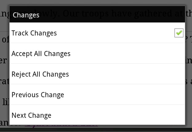 TextMaker for Android track changes menu
