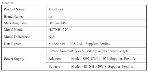 HP TouchPad FCC Filing