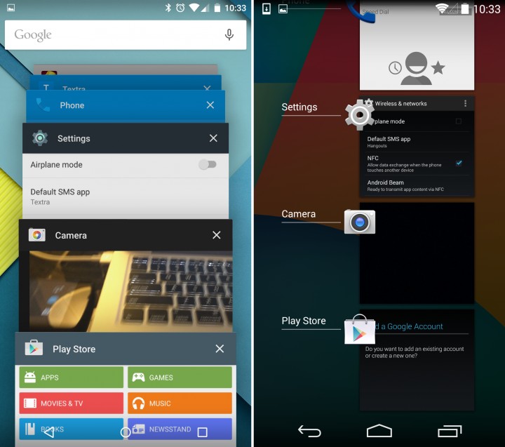 Android 5.0 vs Android 4.4 - Recent Apps Menu
